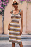 STRIPE PATTERNED SIDE SLIT KNIT BEACH DRESS - Doublju