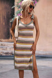 STRIPE PATTERNED SIDE SLIT KNIT BEACH DRESS - Doublju