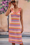 STRIPE PATTERNED SIDE SLIT KNIT BEACH DRESS - Doublju