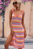 STRIPE PATTERNED SIDE SLIT KNIT BEACH DRESS - Doublju