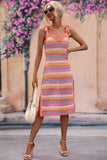 STRIPE PATTERNED SIDE SLIT KNIT BEACH DRESS - Doublju