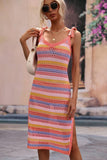 STRIPE PATTERNED SIDE SLIT KNIT BEACH DRESS - Doublju