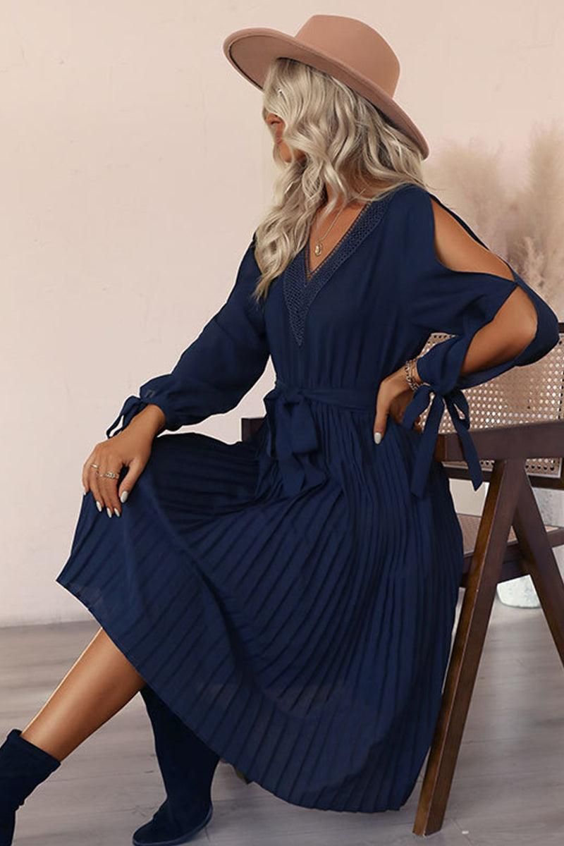 V NECK CUT OUT TIED SLEEVE PLEATED CASUAL DRESS - Doublju