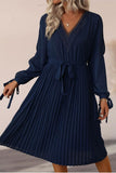 V NECK CUT OUT TIED SLEEVE PLEATED CASUAL DRESS - Doublju