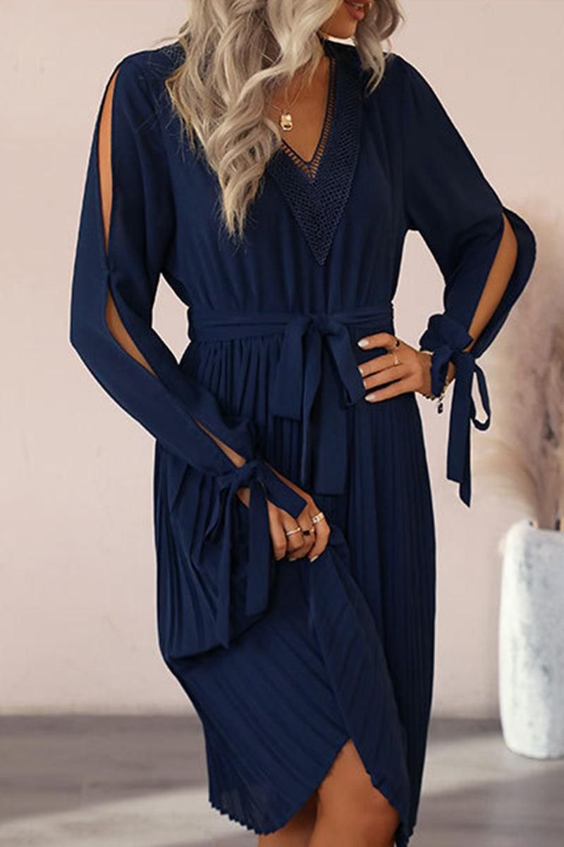 V NECK CUT OUT TIED SLEEVE PLEATED CASUAL DRESS - Doublju