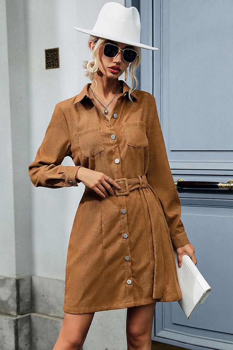 WAIST BELT BUTTON DOWN CORDUROY SHIRTS DRESS - Doublju