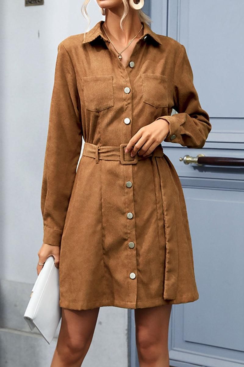 WAIST BELT BUTTON DOWN CORDUROY SHIRTS DRESS - Doublju