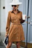 WAIST BELT BUTTON DOWN CORDUROY SHIRTS DRESS - Doublju