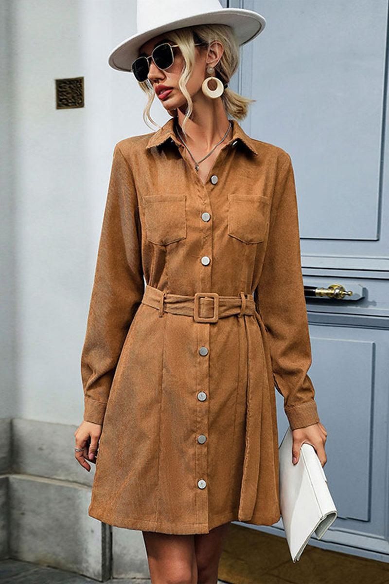 WAIST BELT BUTTON DOWN CORDUROY SHIRTS DRESS - Doublju