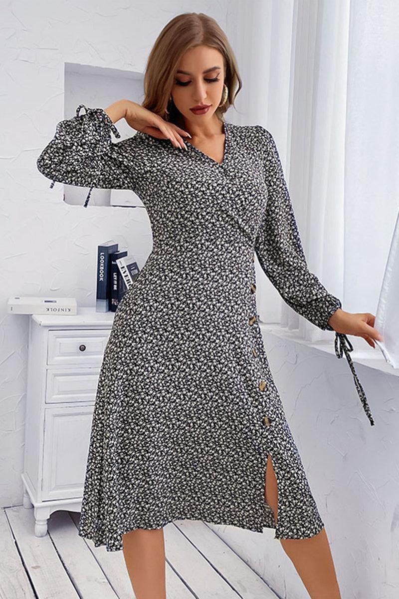 FLORAL PRINTING BUTTONED WRAP STYLE DRESS - Doublju