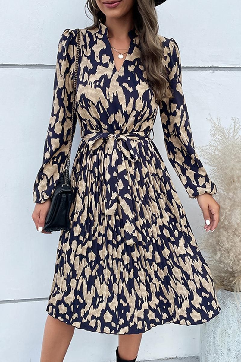 ELEGANT PATTERNED V NECK TIED WAIST DRESS - Doublju