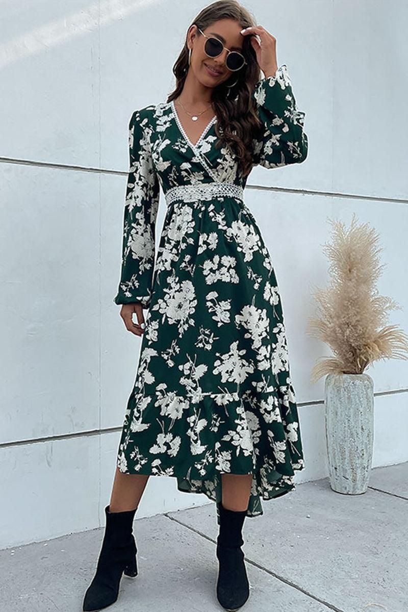 FLORAL PATTERN V NECK ELEGANT DRESS - Doublju