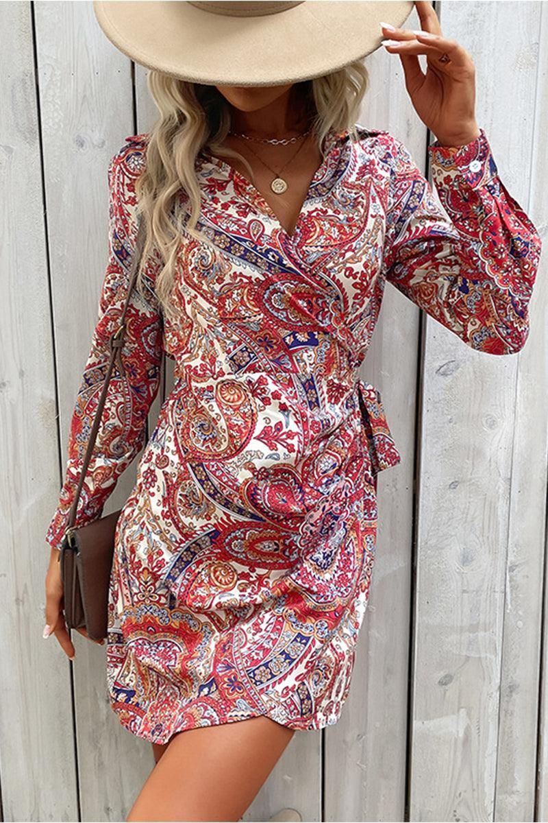 NEW MULTI PRINTING WRAP STYLE CASUAL DRESS - Doublju