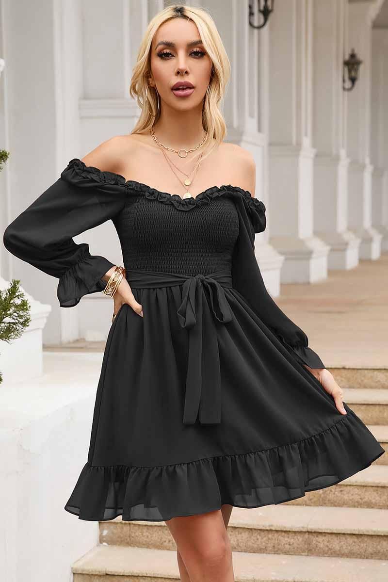 SHORT SQUARE NECK FRILL FLARE DRESS - Doublju