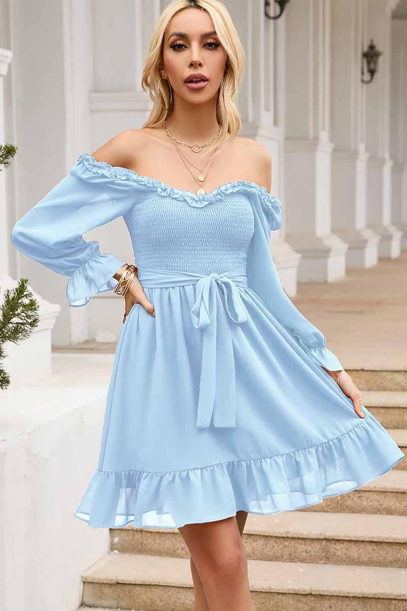 SHORT SQUARE NECK FRILL FLARE DRESS - Doublju