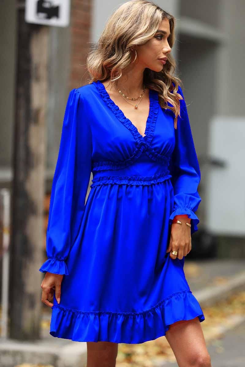 V NECK FRILL FLARE MIDI DRESS - Doublju