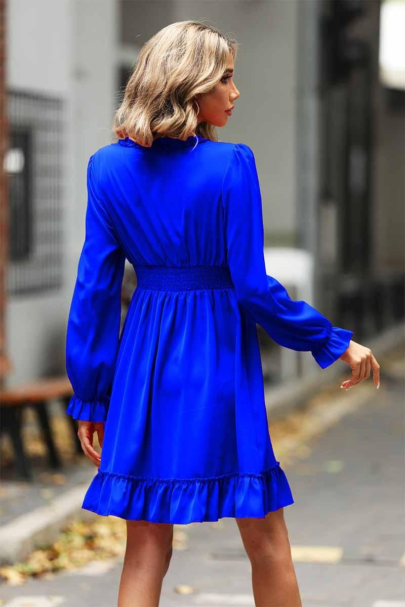 V NECK FRILL FLARE MIDI DRESS - Doublju