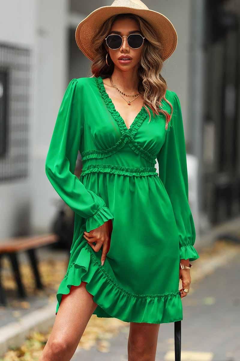 V NECK FRILL FLARE MIDI DRESS - Doublju