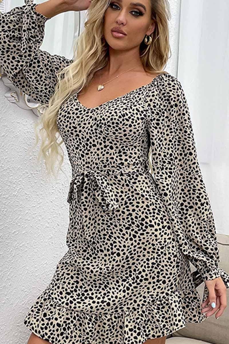 TIED WAIST LEOPARD PRINT FUFFLE DRESS - Doublju