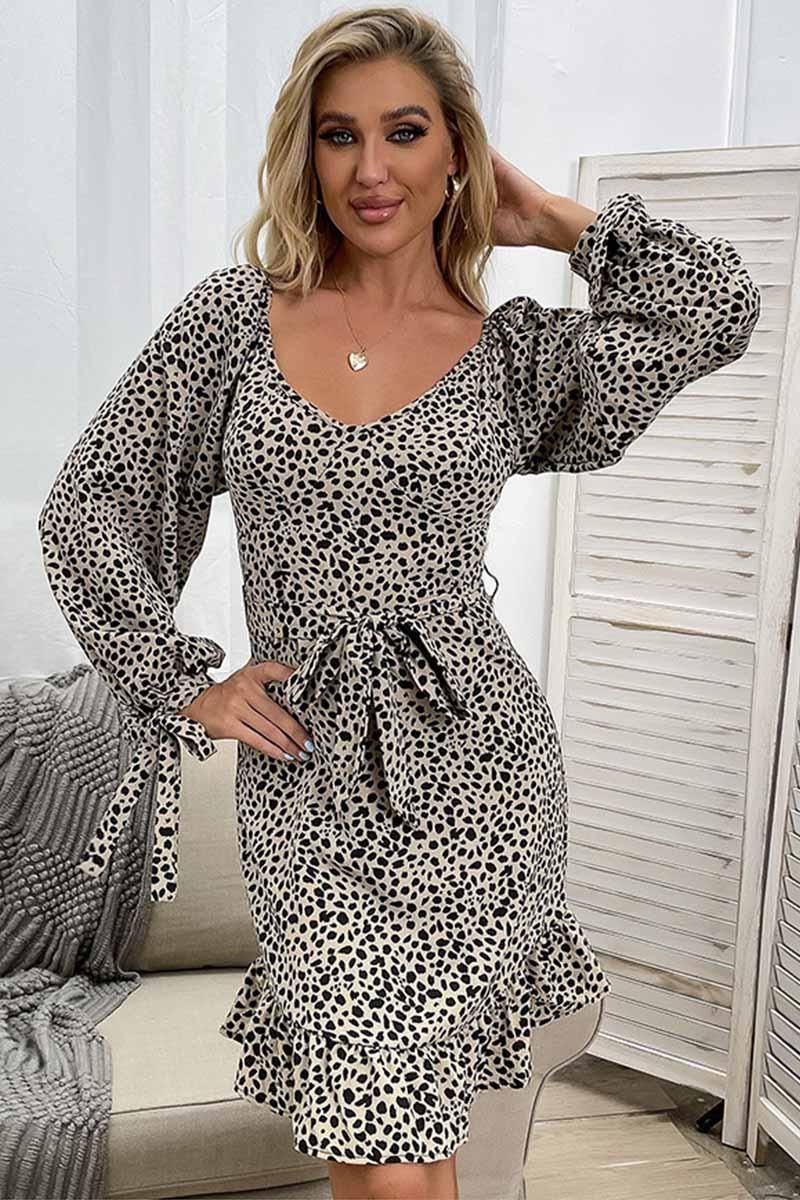 TIED WAIST LEOPARD PRINT FUFFLE DRESS - Doublju