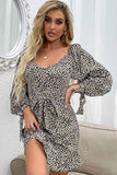 TIED WAIST LEOPARD PRINT FUFFLE DRESS - Doublju