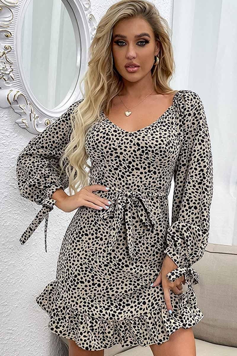 TIED WAIST LEOPARD PRINT FUFFLE DRESS - Doublju