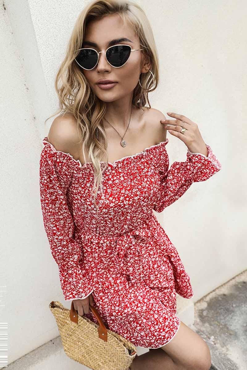 FLORAL STRAP OFF SHOULDER RUFFLE DRESS - Doublju