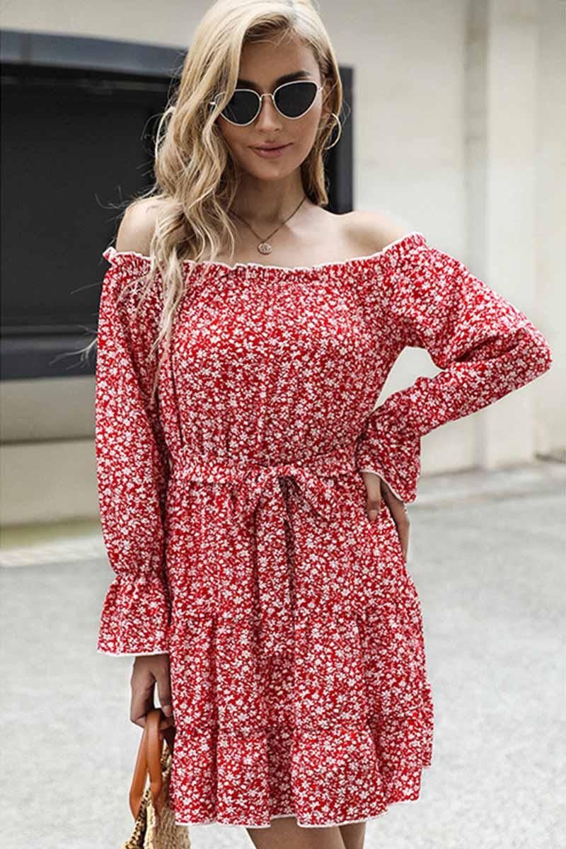 FLORAL STRAP OFF SHOULDER RUFFLE DRESS - Doublju