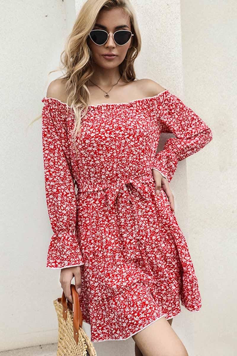 FLORAL STRAP OFF SHOULDER RUFFLE DRESS - Doublju