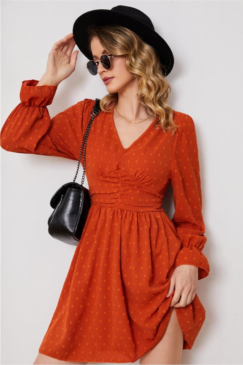 POLKA DOT LACED V NECK MIDI DRESS - Doublju