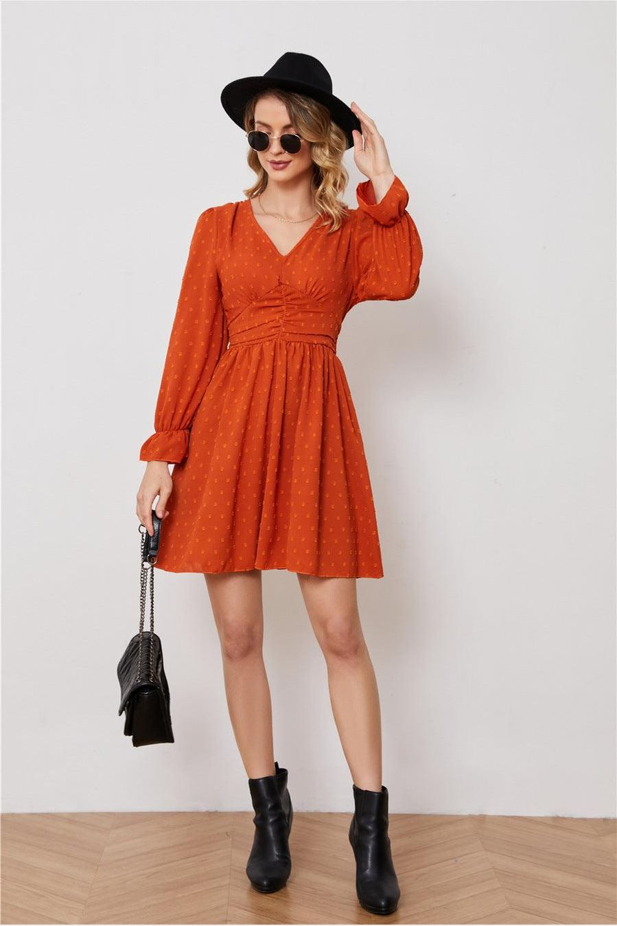 POLKA DOT LACED V NECK MIDI DRESS - Doublju