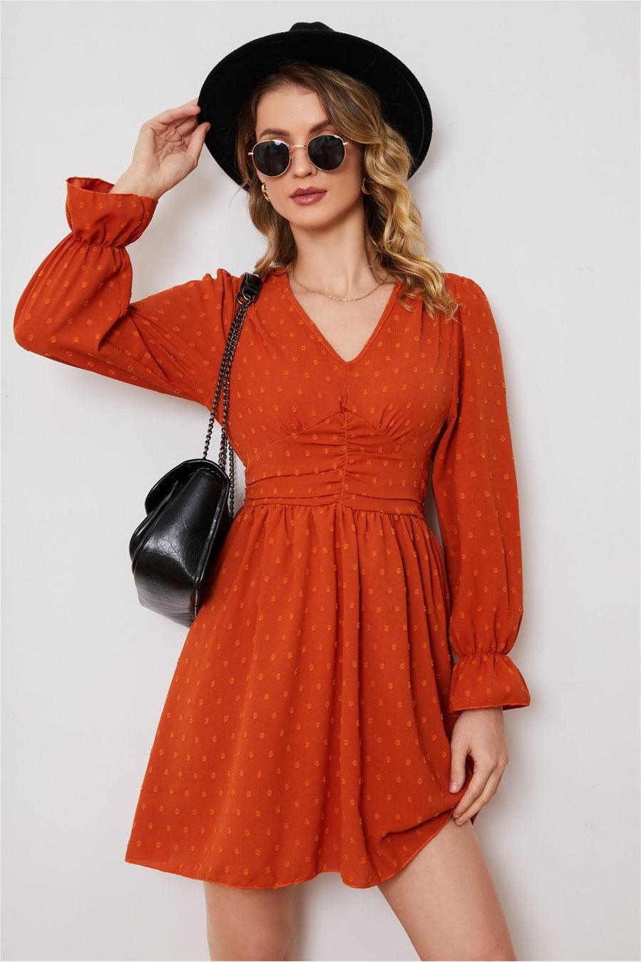 POLKA DOT LACED V NECK MIDI DRESS - Doublju