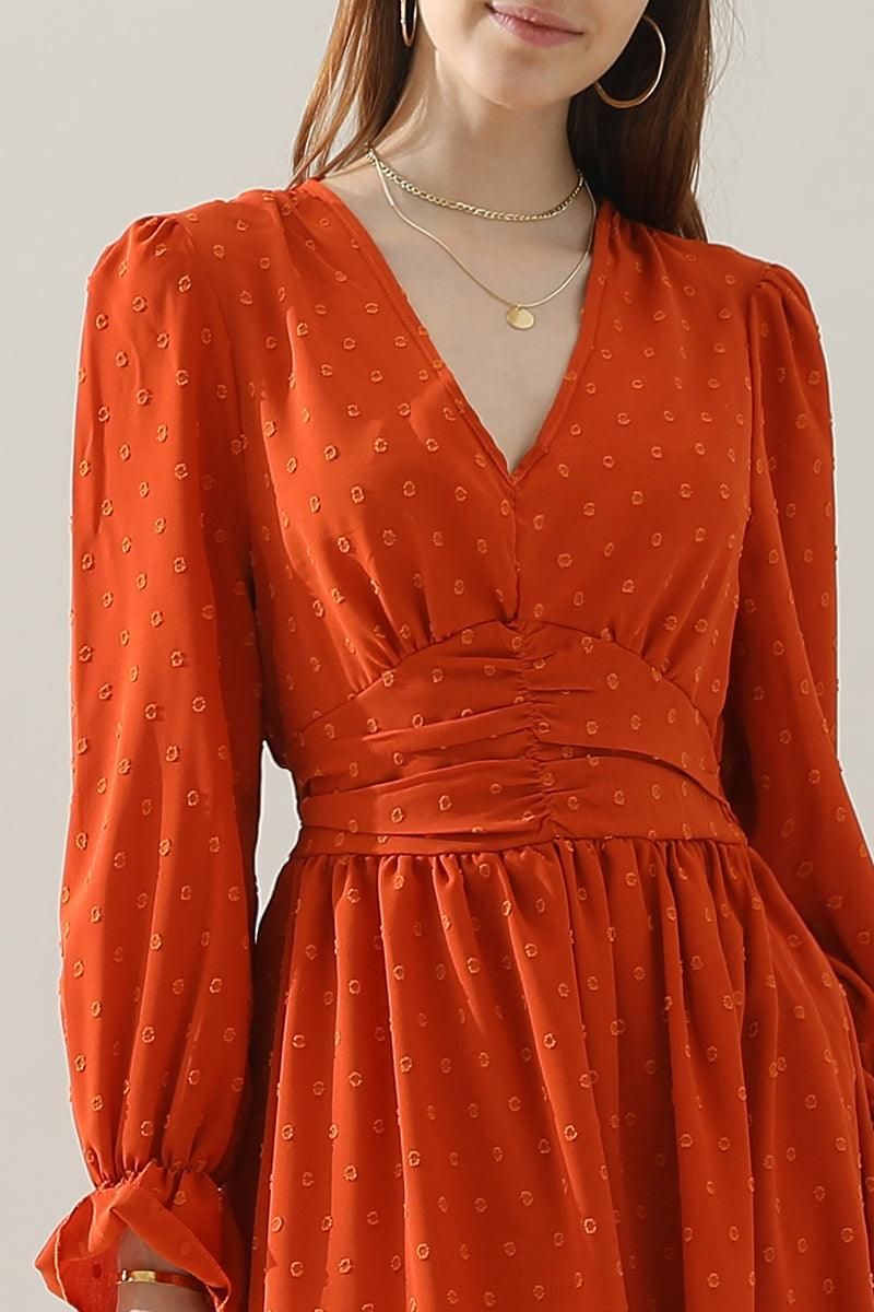 POLKA DOT LACED V NECK MIDI DRESS - Doublju