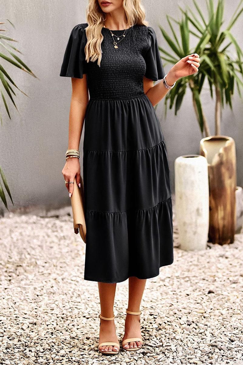 SHORT BELL SLEEVE CREW NECK SWING DRESS - Doublju