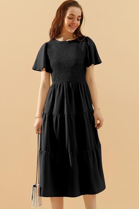 SHORT BELL SLEEVE CREW NECK SWING DRESS - Doublju