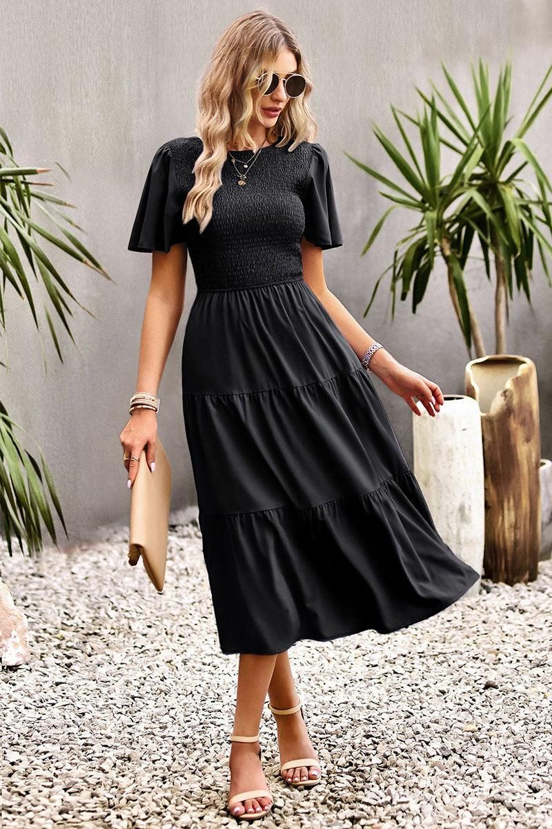 SHORT BELL SLEEVE CREW NECK SWING DRESS - Doublju