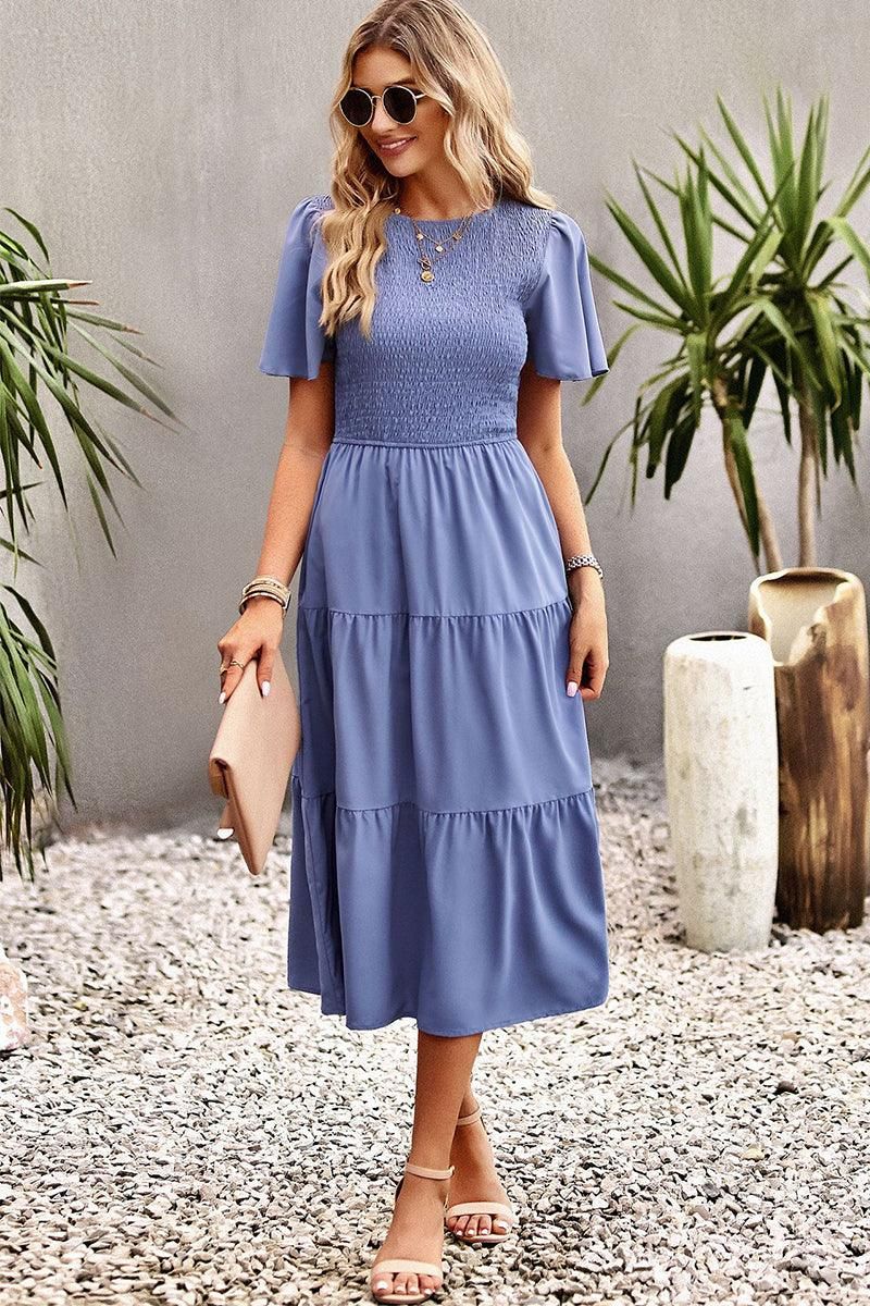 SHORT BELL SLEEVE CREW NECK SWING DRESS - Doublju