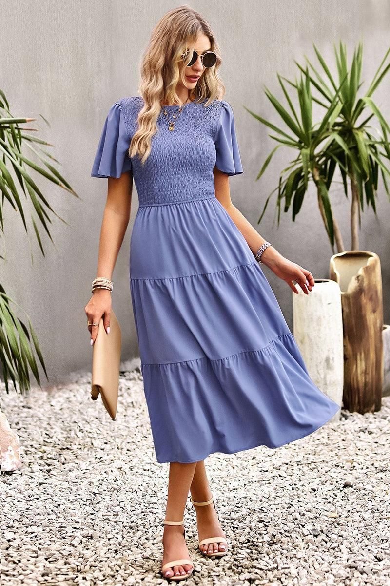 SHORT BELL SLEEVE CREW NECK SWING DRESS - Doublju