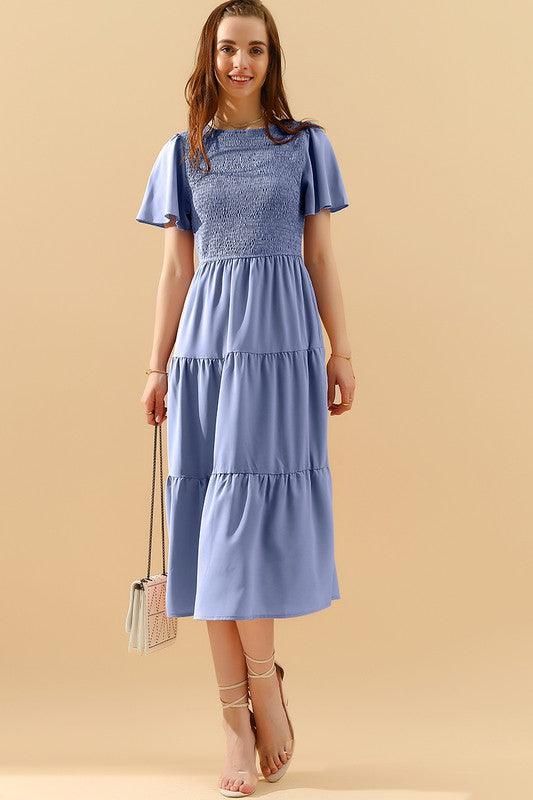 SHORT BELL SLEEVE CREW NECK SWING DRESS - Doublju