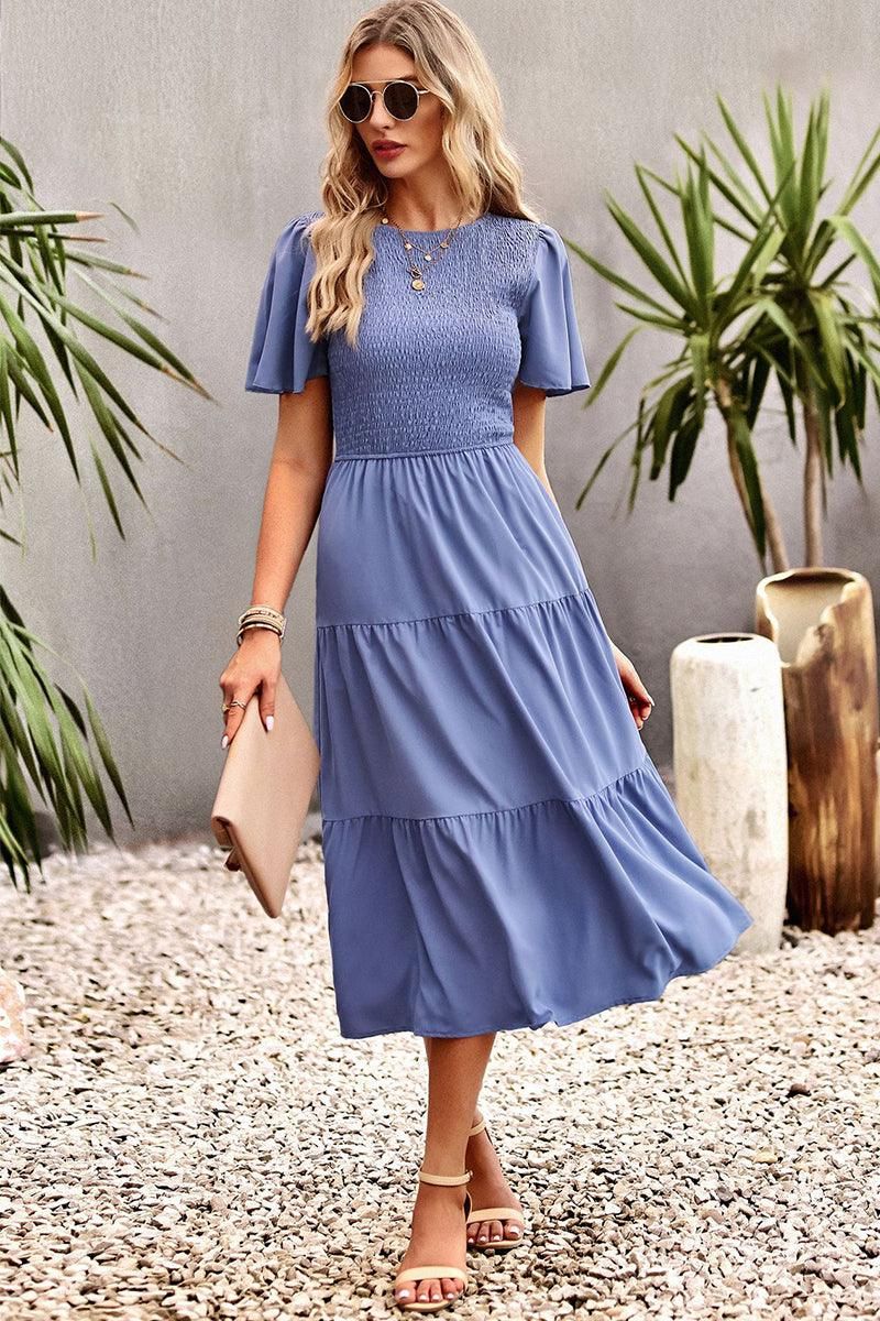 SHORT BELL SLEEVE CREW NECK SWING DRESS - Doublju