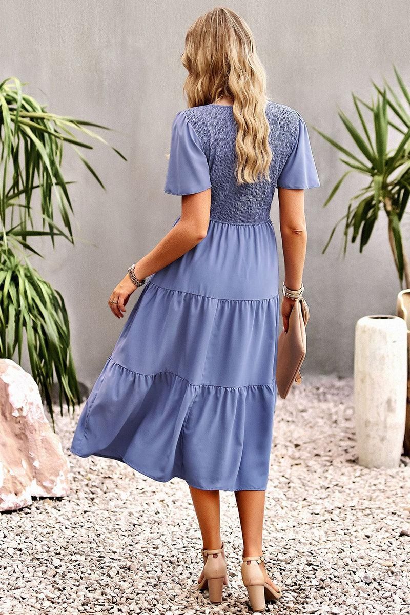 SHORT BELL SLEEVE CREW NECK SWING DRESS - Doublju