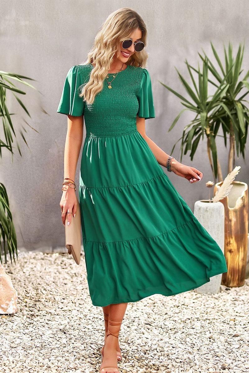 SHORT BELL SLEEVE CREW NECK SWING DRESS - Doublju