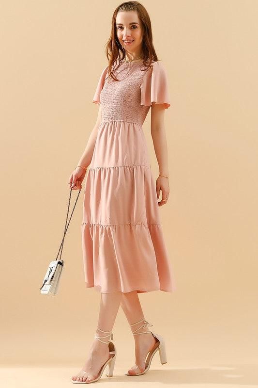 SHORT BELL SLEEVE CREW NECK SWING DRESS - Doublju