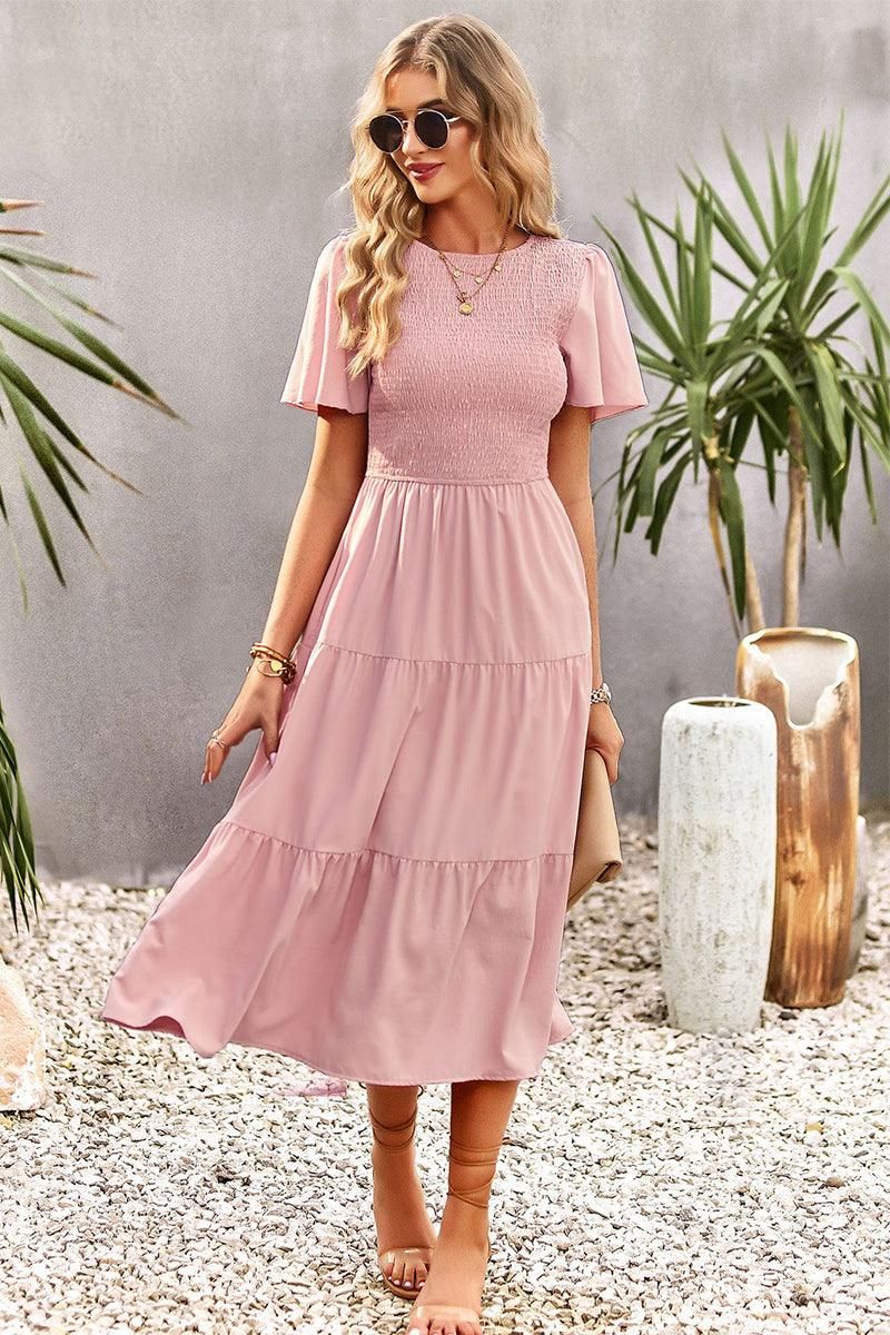 SHORT BELL SLEEVE CREW NECK SWING DRESS - Doublju