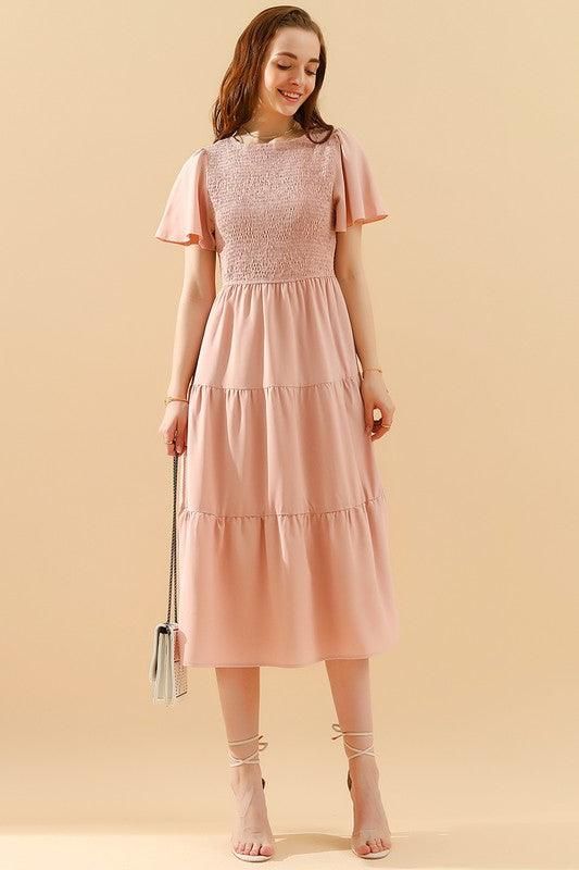 SHORT BELL SLEEVE CREW NECK SWING DRESS - Doublju