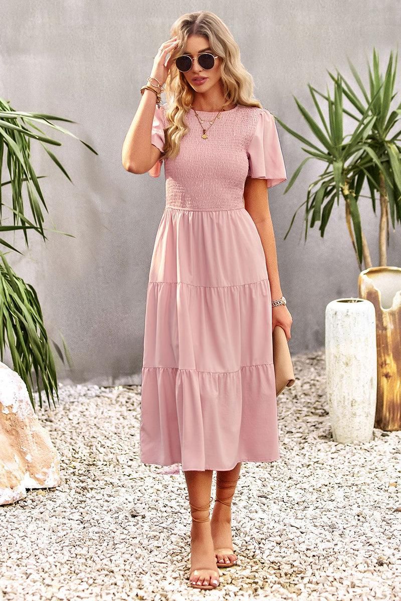 SHORT BELL SLEEVE CREW NECK SWING DRESS - Doublju