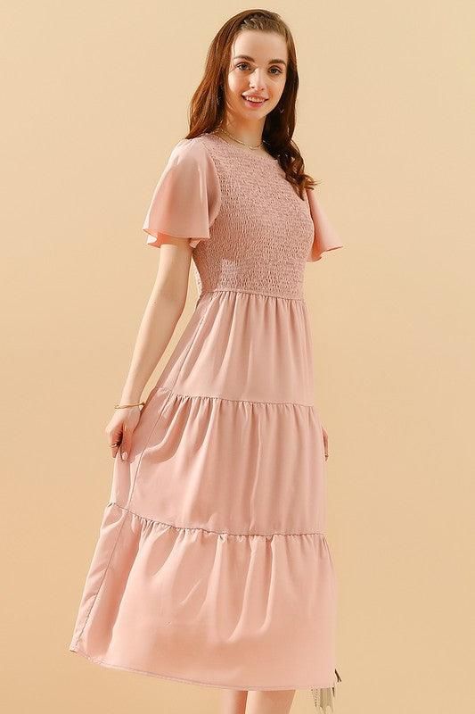 SHORT BELL SLEEVE CREW NECK SWING DRESS - Doublju