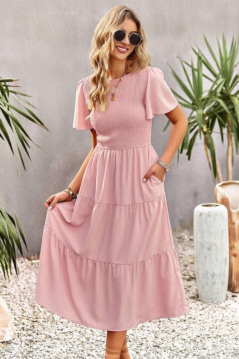 SHORT BELL SLEEVE CREW NECK SWING DRESS - Doublju