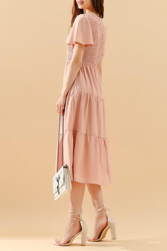 SHORT BELL SLEEVE CREW NECK SWING DRESS - Doublju