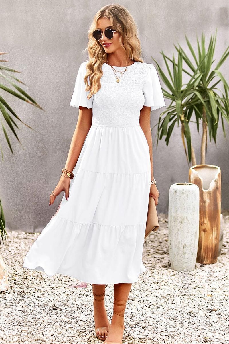 SHORT BELL SLEEVE CREW NECK SWING DRESS - Doublju